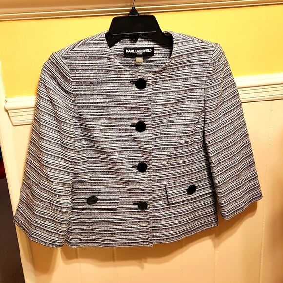 Karl Lagerfeld Paris Black & White Tweed Blazer Jacket Size 0 - Picture 1 of 7